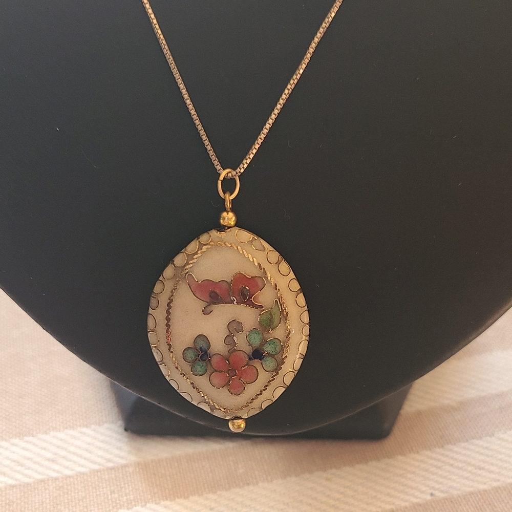 Vintage Cloisonne Pendant White Double Sided  Flower/Butterfly